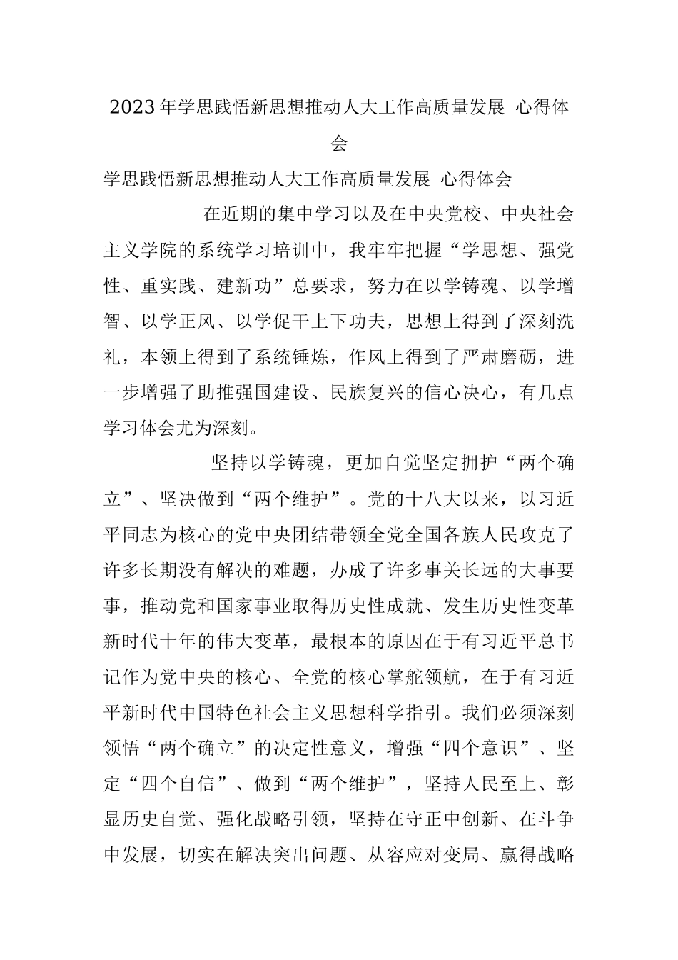 2023年学思践悟新思想推动人大工作高质量发展 心得体会.docx_第1页