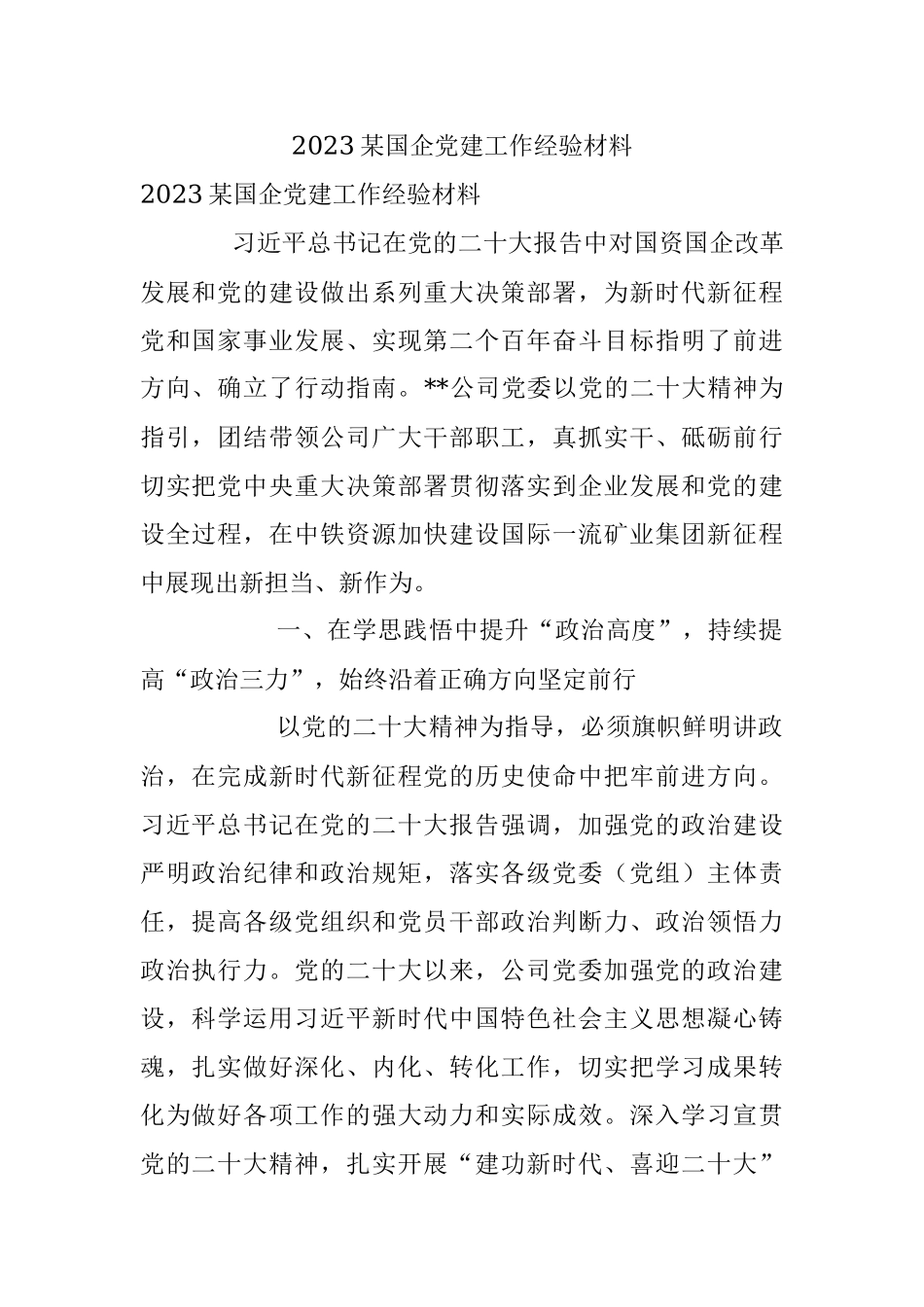 2023某国企党建工作经验材料.docx_第1页