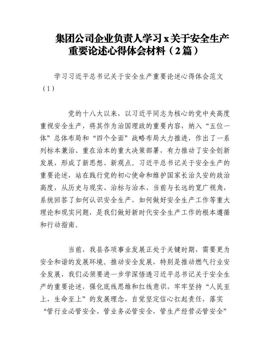 2023年（2篇）XX集团公司企业负责人学习x关于安全生产重要论述心得体会材料.docx_第1页