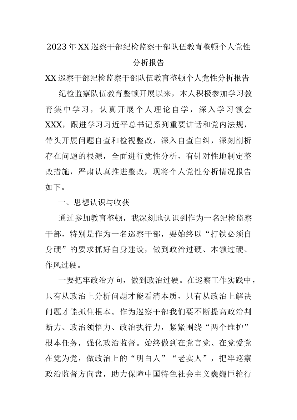 2023年XX巡察干部纪检监察干部队伍教育整顿个人党性分析报告.docx_第1页