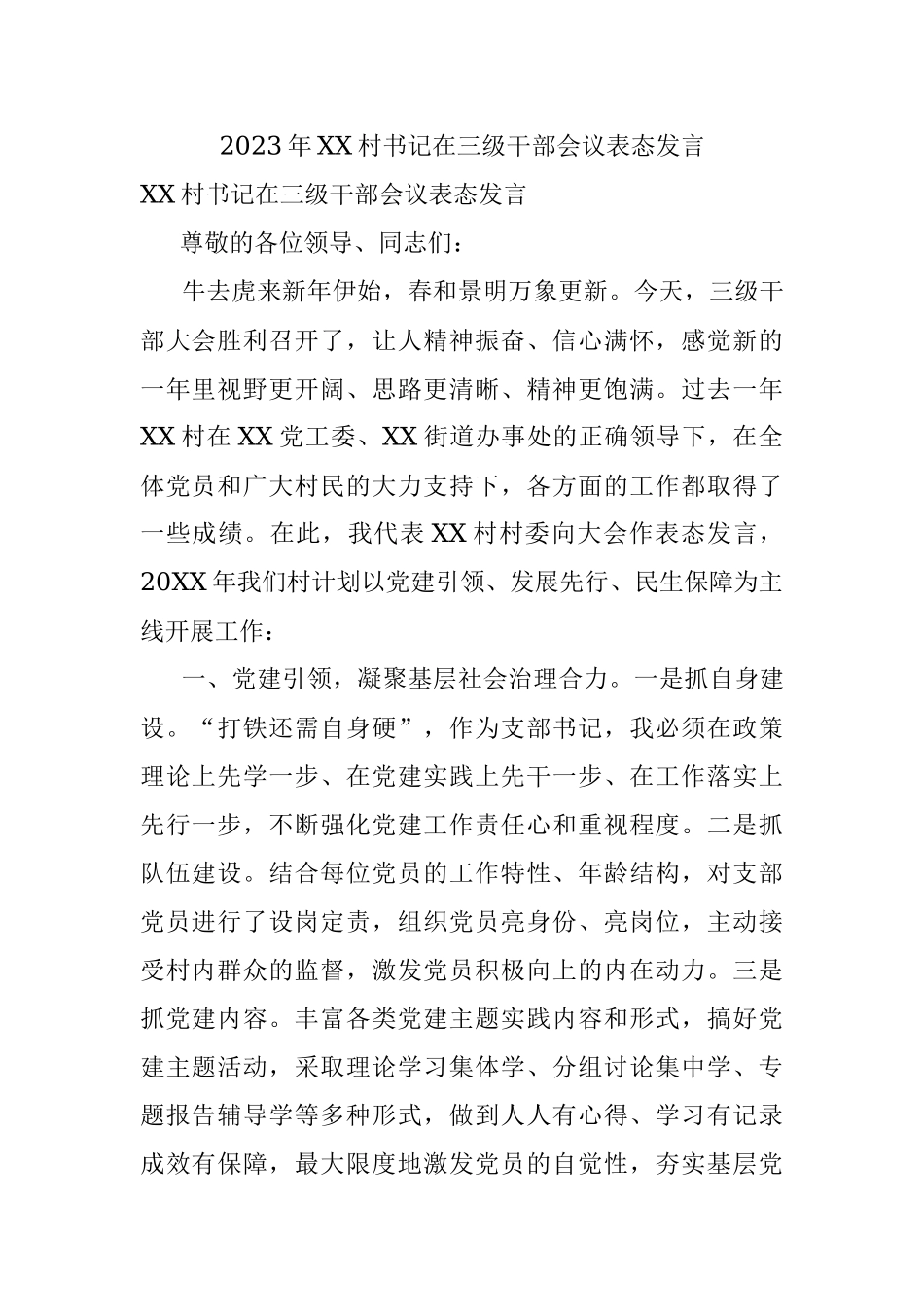 2023年XX村书记在三级干部会议表态发言.docx_第1页