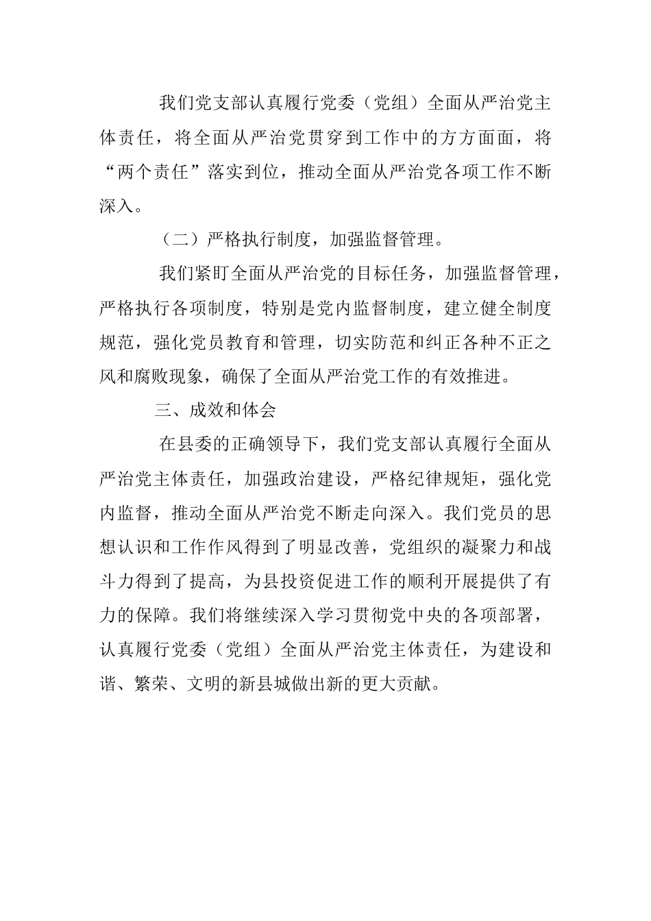 2023年县投资促进局党支部落实全面从严治党主体责任情况汇报.docx_第3页