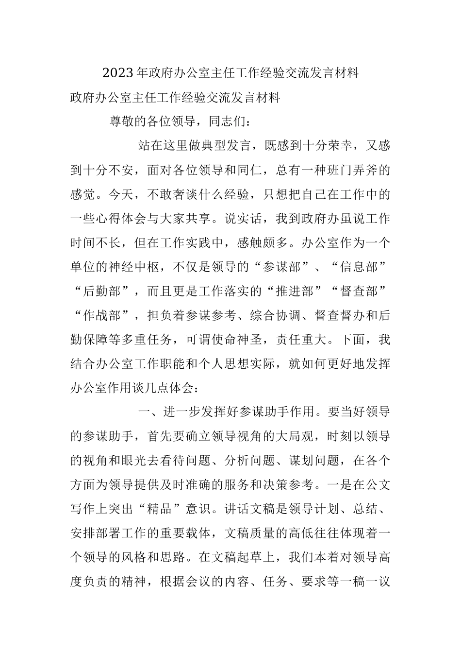 2023年政府办公室主任工作经验交流发言材料.docx_第1页