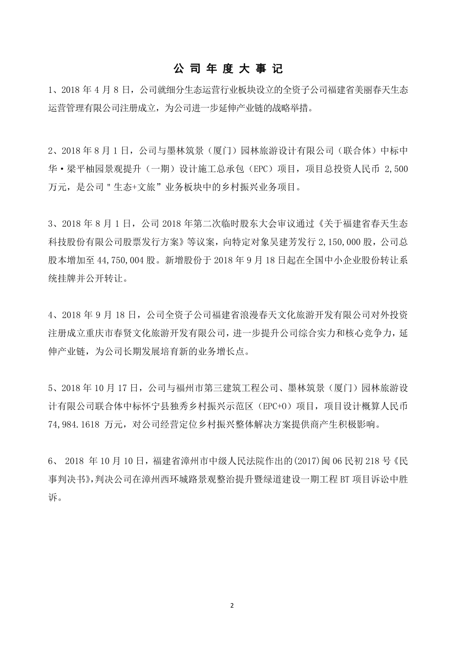 871600_2018_春天生态_2018年年度报告_2019-04-23.pdf_第2页