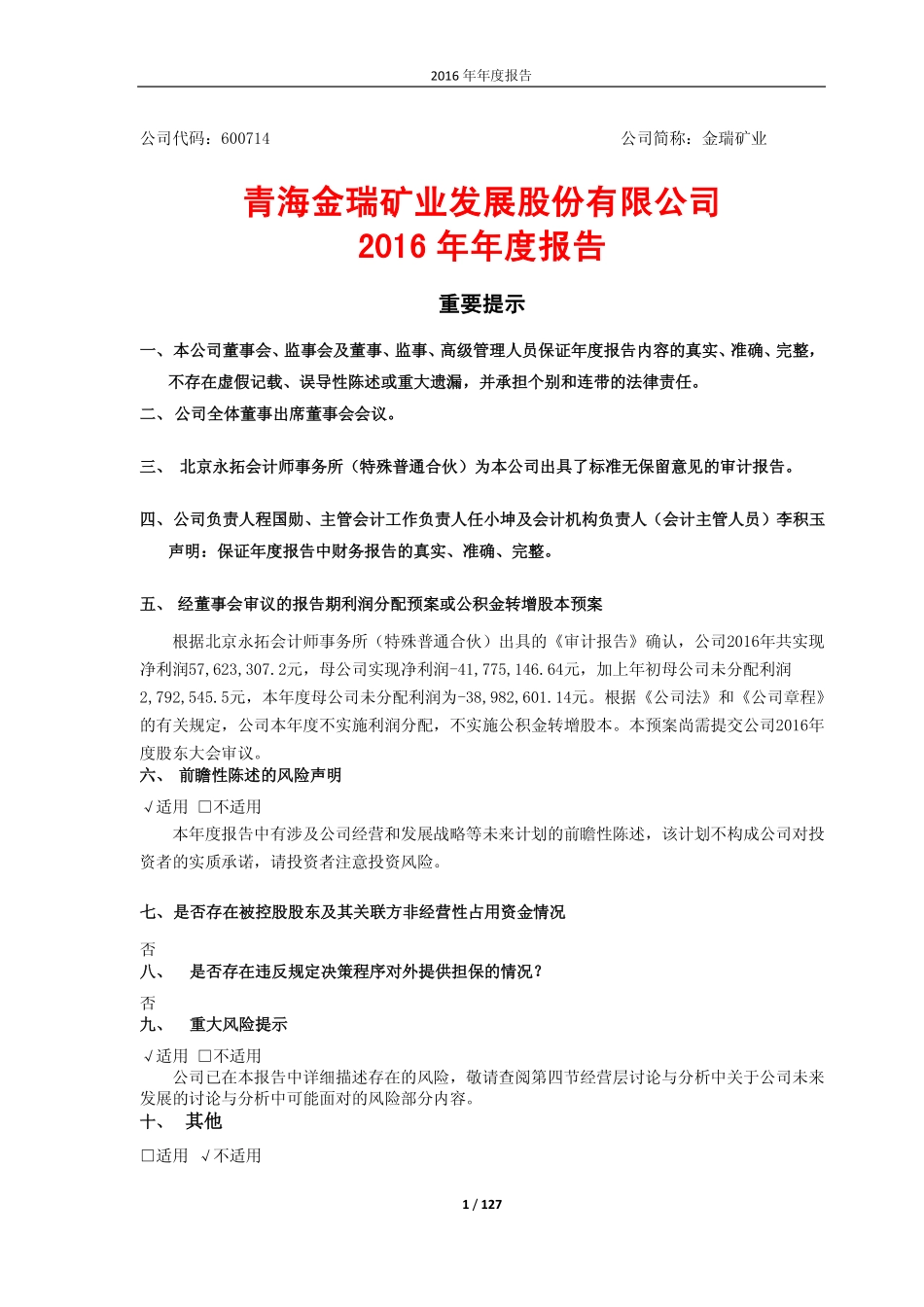 600714_2016_金瑞矿业_2016年年度报告_2017-04-06.pdf_第1页