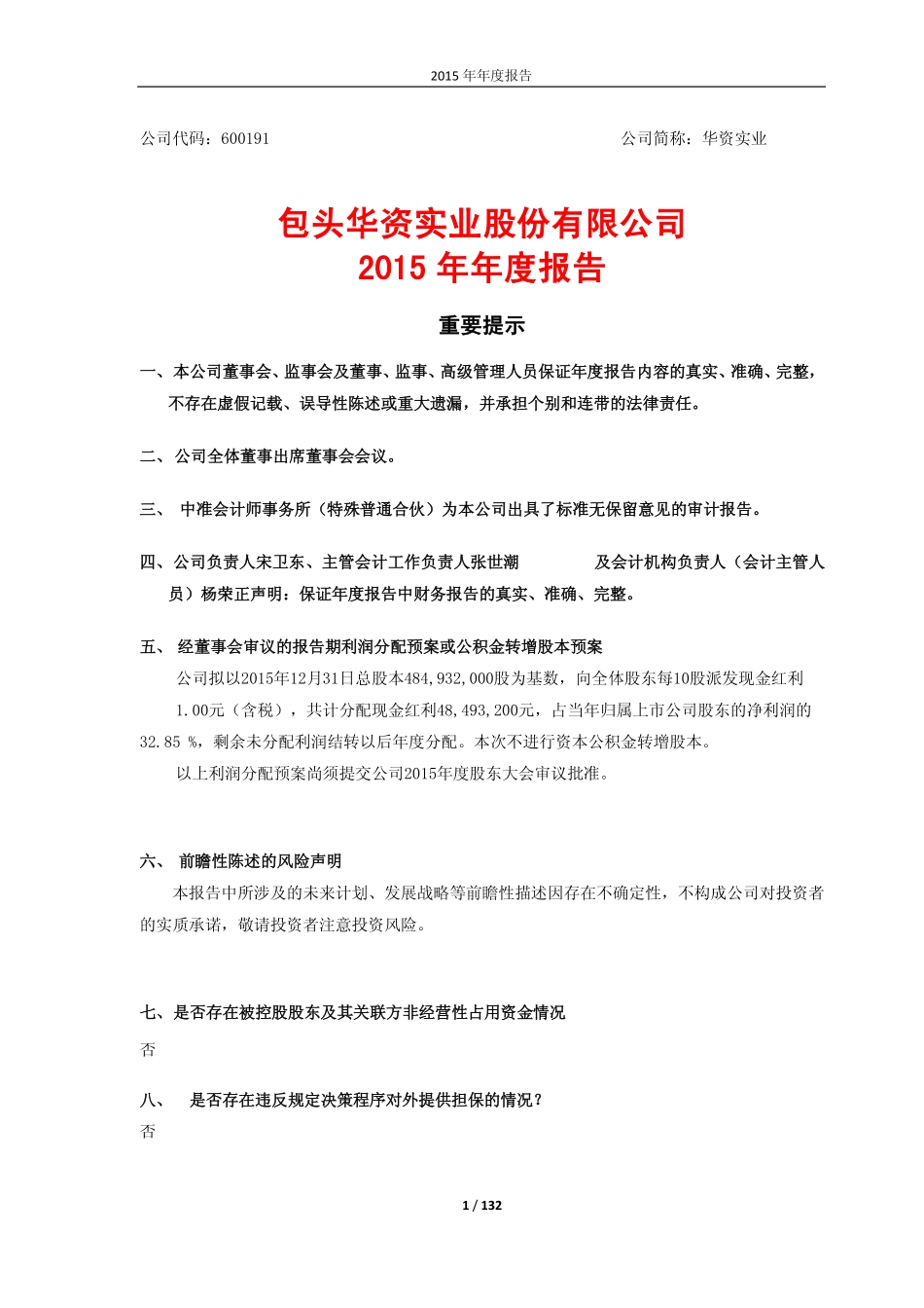 600191_2015_华资实业_2015年年度报告_2016-03-25.pdf_第1页