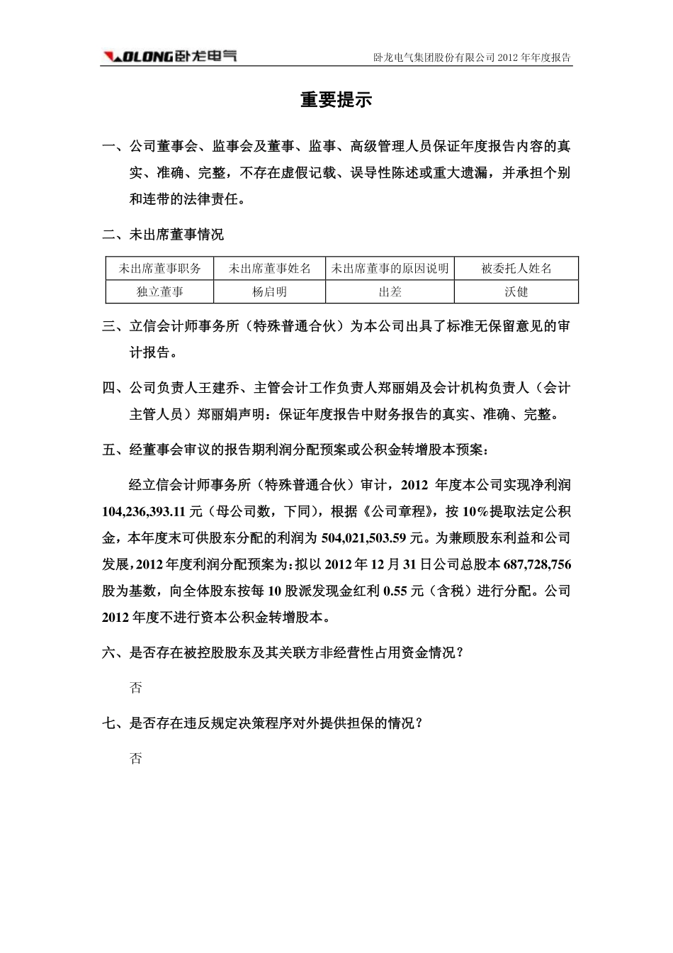 600580_2012_卧龙电气_2012年年度报告_2013-03-12.pdf_第2页