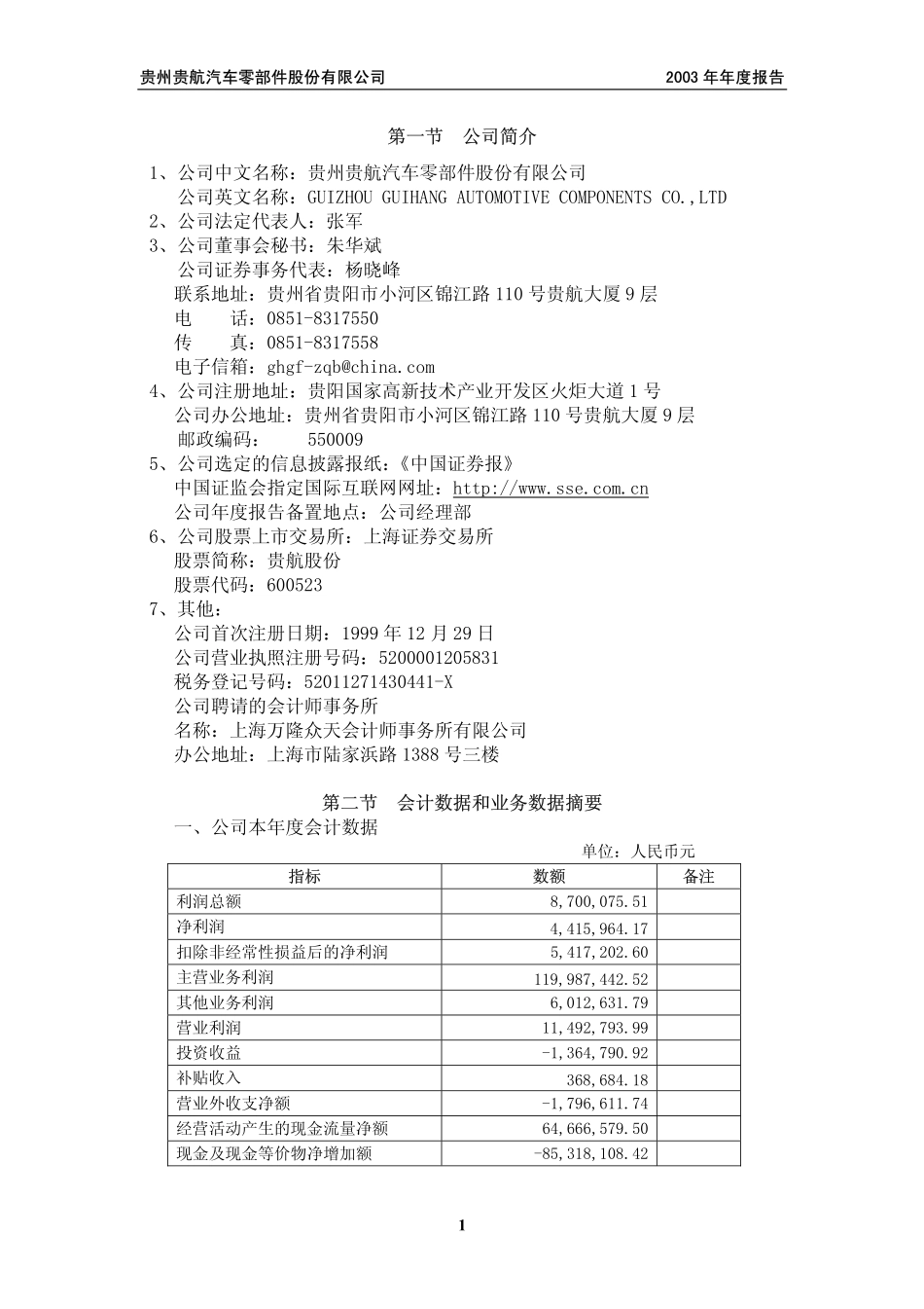 600523_2003_贵航股份_贵航股份2003年年度报告_2004-04-21.pdf_第2页