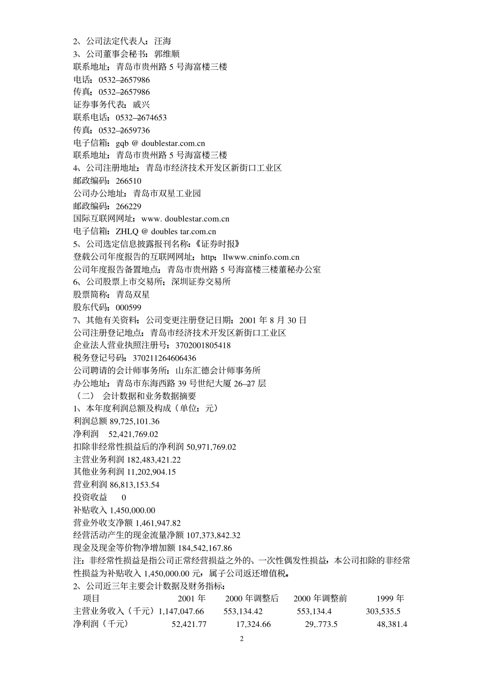 000599_2001_青岛双星_青岛双星2001年年度报告_2002-04-04.pdf_第2页