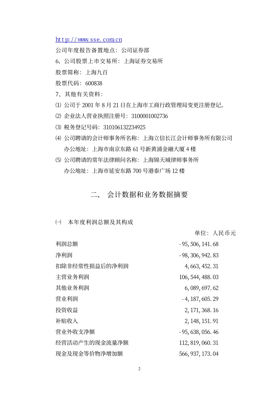 600838_2001_上海九百_上海九百2001年年度报告_2002-04-19.pdf_第2页