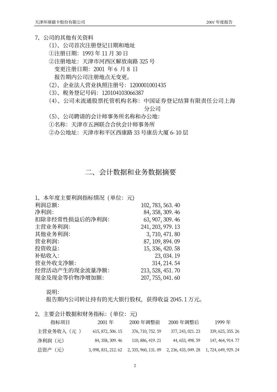 600800_2001_天津磁卡_天津磁卡2001年年度报告_2002-03-05.pdf_第2页
