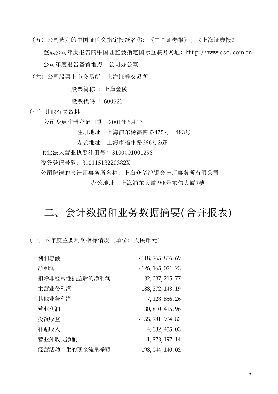 600621_2001_华鑫股份_上海金陵2001年年度报告_2002-04-18.pdf_第2页