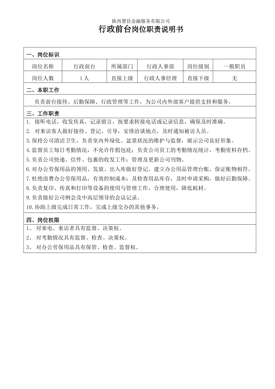 行政前台岗位职责说明书.docx_第1页