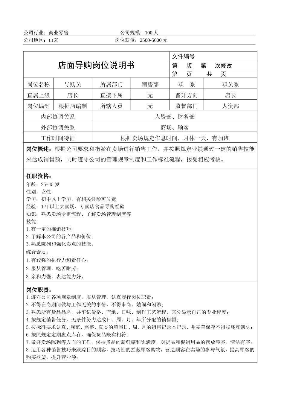 商业零售代理商公司的岗位说明书.doc_第1页