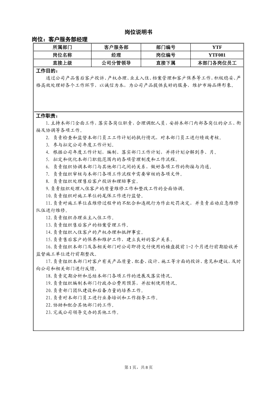 市场中心客服部岗位说明书.doc_第1页