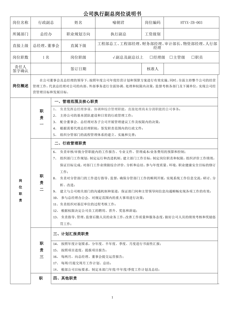 公司行政副总岗位说明书.doc_第1页