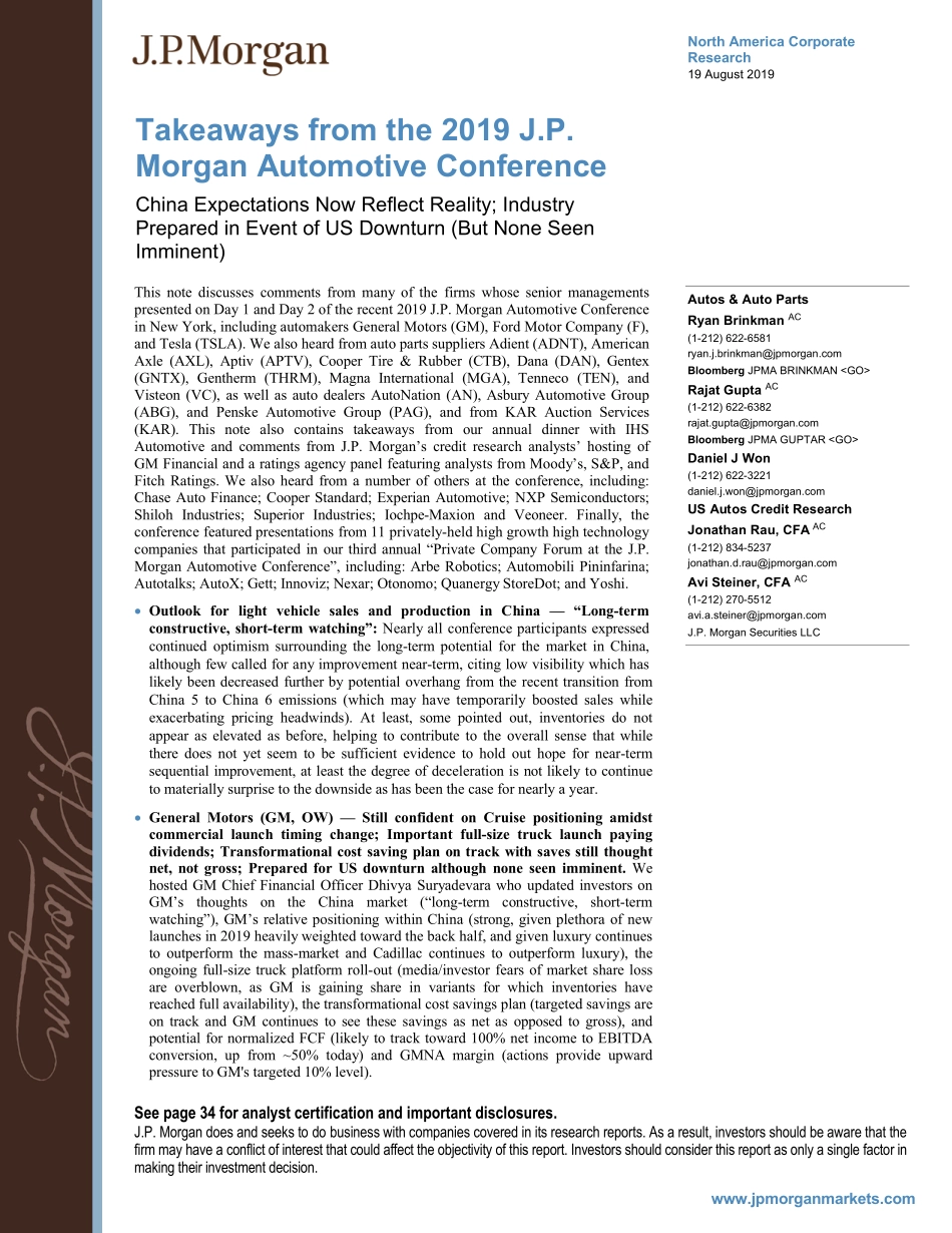 J.P. 摩根-美股-汽车与汽车零部件行业-2019摩根大通汽车行业会议要点-2019.8.19-37页.pdf_第1页