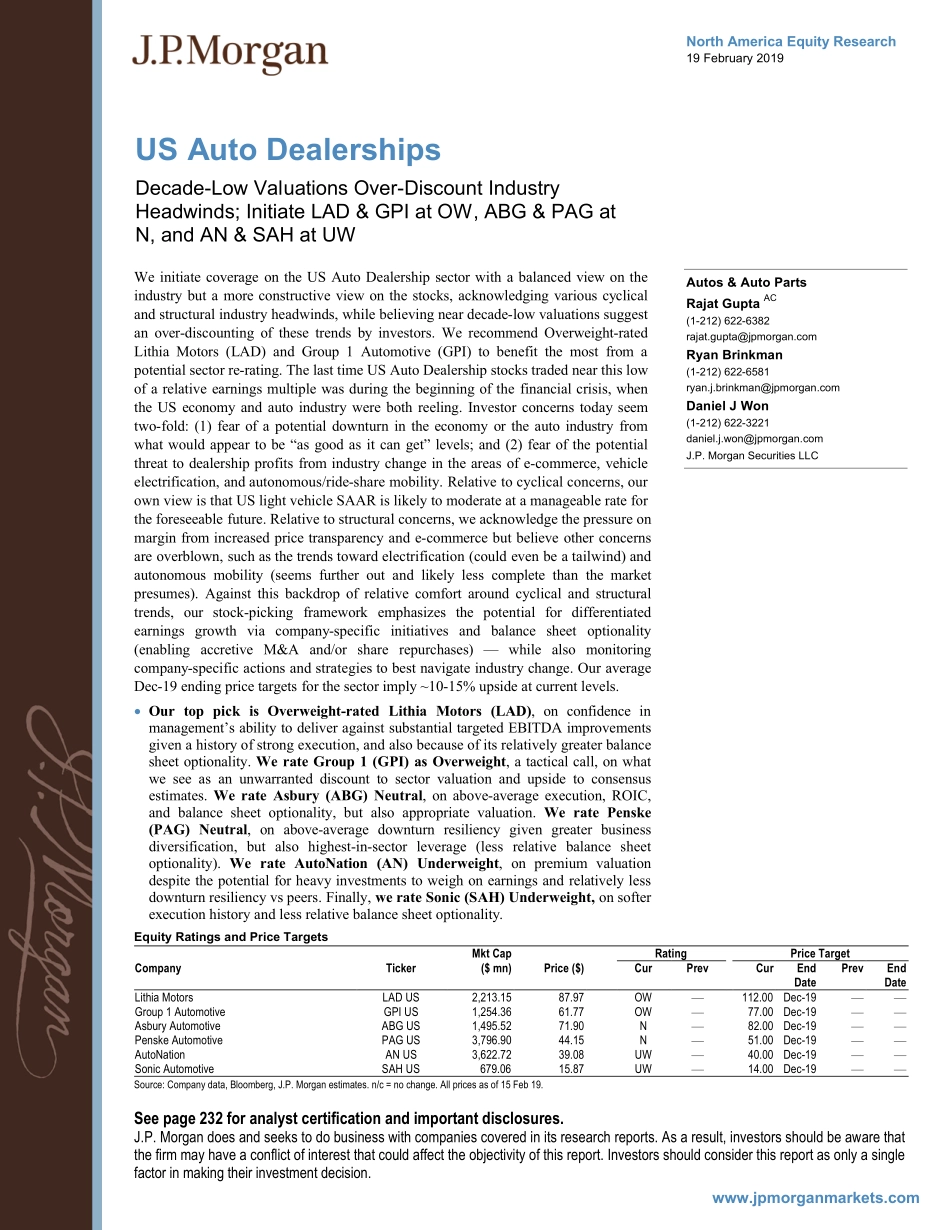 J.P. 摩根-美股-汽车行业-美国汽车经销商：10年来估值过低折扣过高-2019.2.19-234页.pdf_第1页