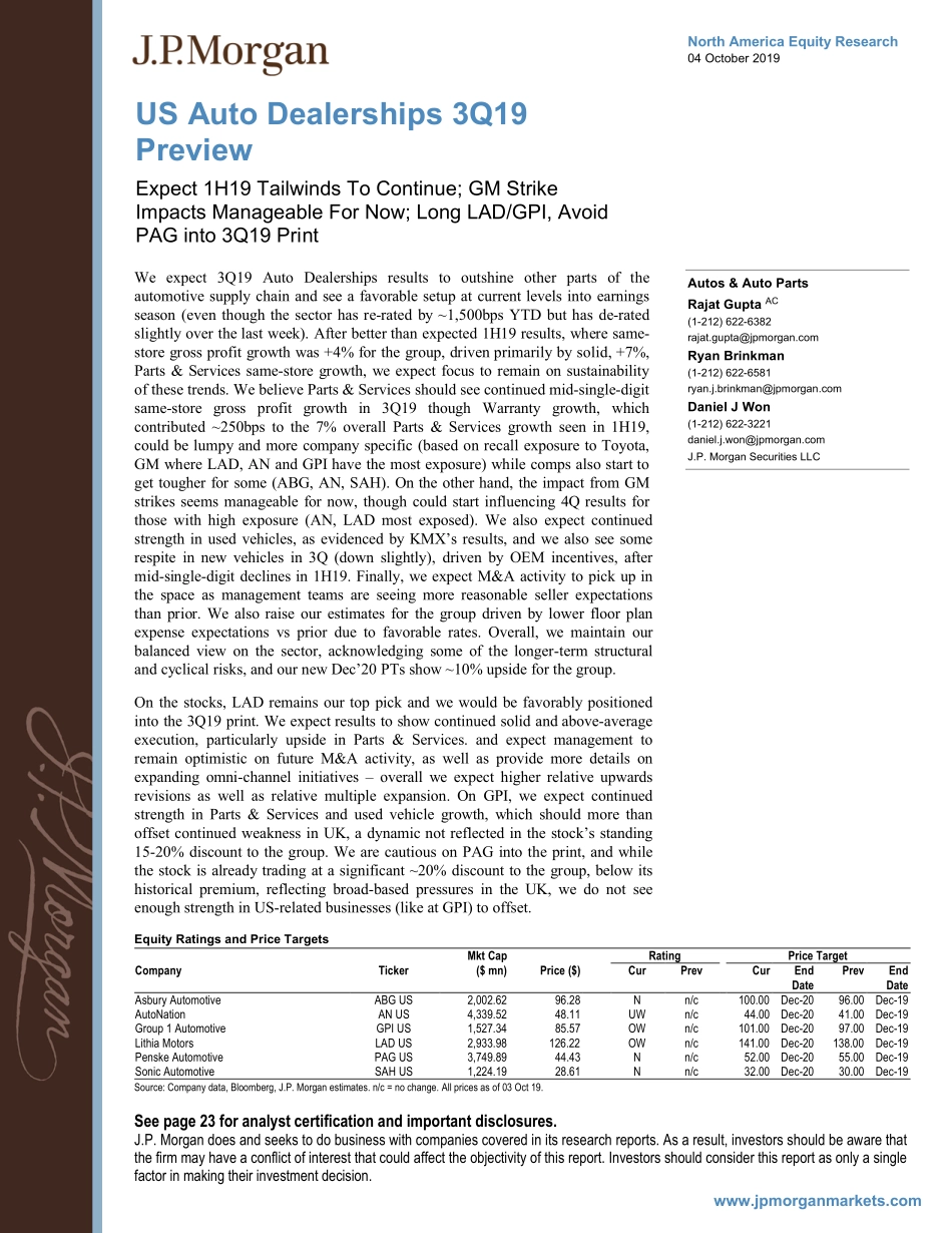 J.P. 摩根-美股-汽车与汽车零部件行业-2019年Q3美国汽车经销商预览-2019.10.4-25页.pdf_第1页