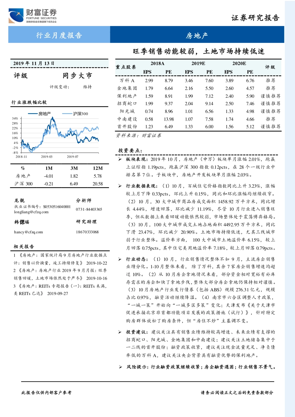 房地产行业月度报告：旺季销售动能较弱土地市场持续低迷-20191113-财富证券-12页.pdf_第1页