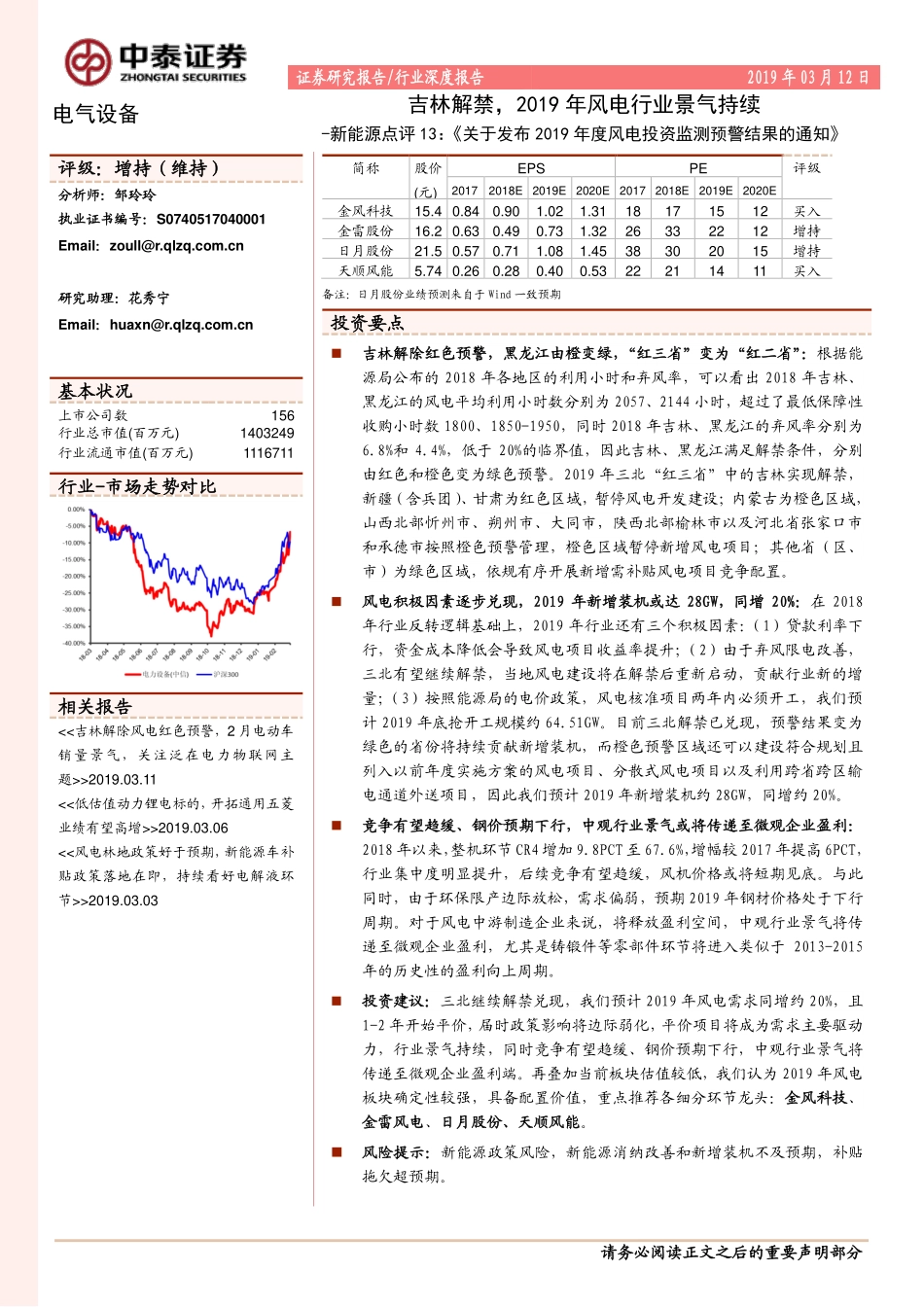 电气设备行业新能源点评13：《关于发布2019年度风电投资监测预警结果的通知》吉林解禁2019年风电行业景气持续-20190312-中泰证券-15页 (2).pdf_第1页