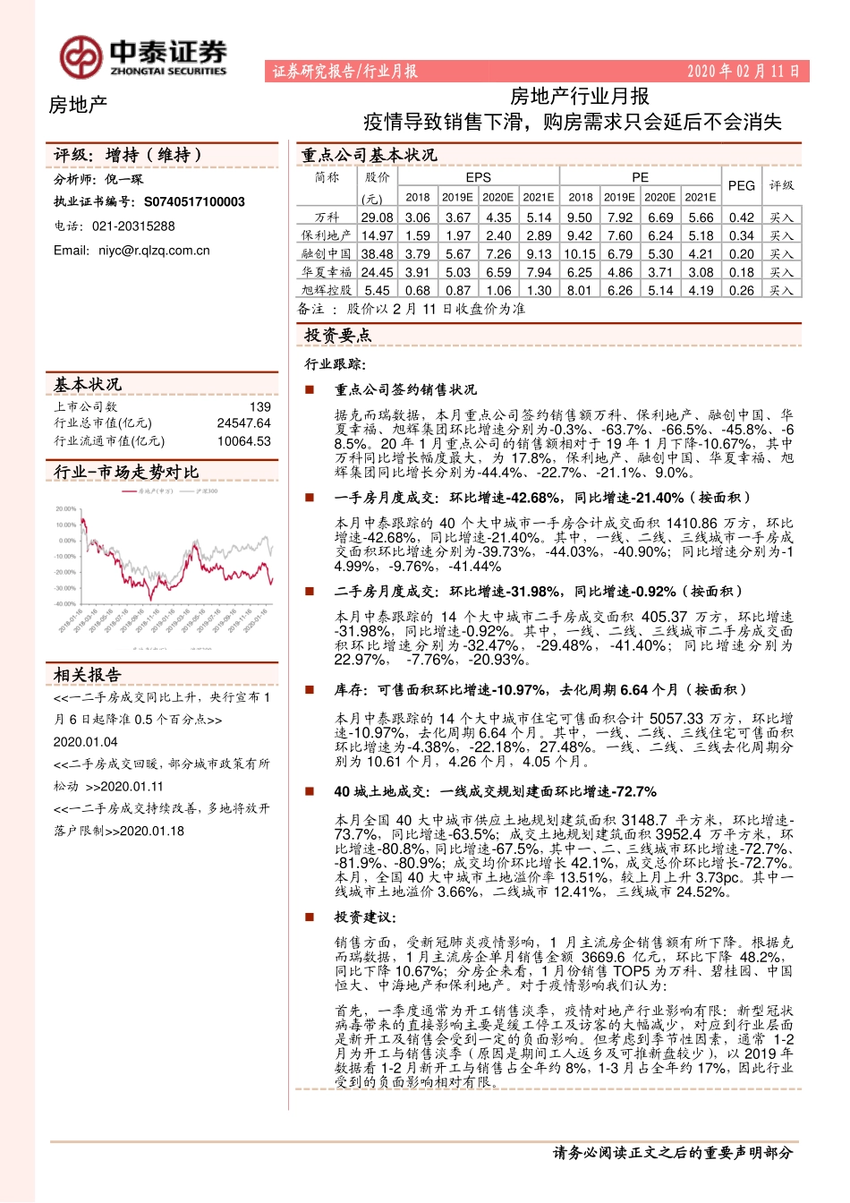 房地产行业月报：疫情导致销售下滑购房需求只会延后不会消失-20200211-中泰证券-28页.pdf_第1页