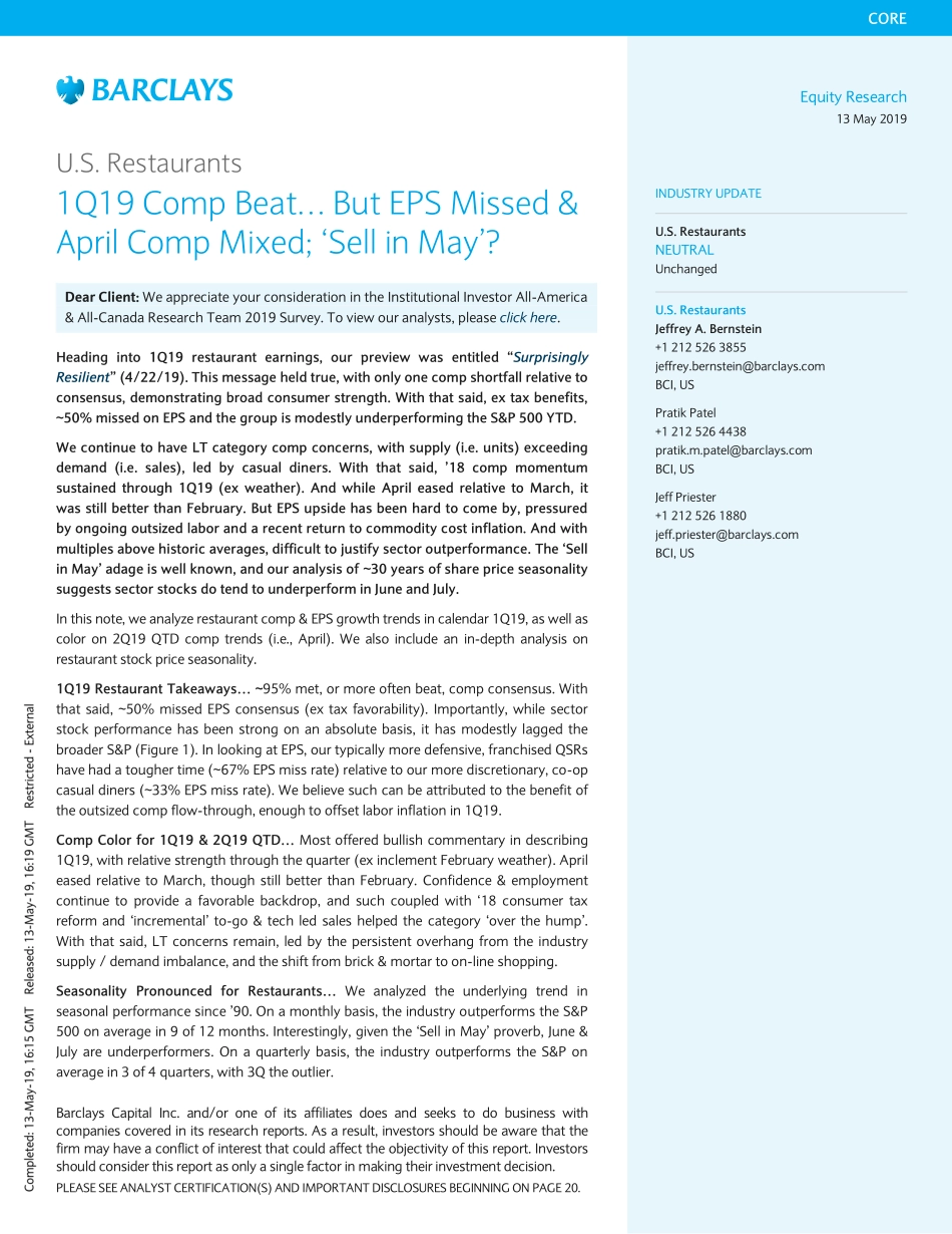 巴克莱-美股-餐饮行业-2019年Q1美国餐馆业预览-2019.5.13-24页.pdf_第1页