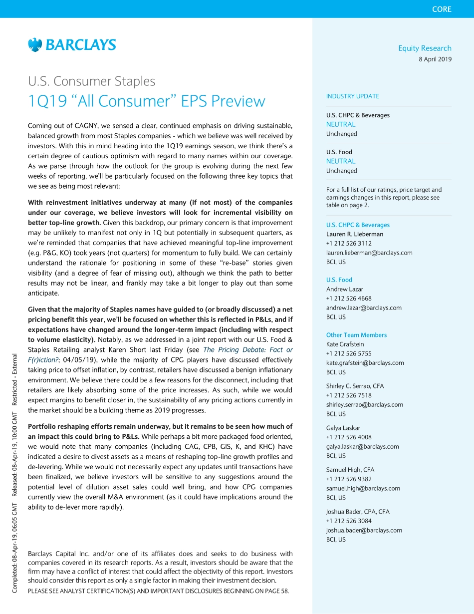 巴克莱-美股-食品饮料行业-美国必需品消费2019年Q1 EPS预览-2019.4.8-64页.pdf_第1页
