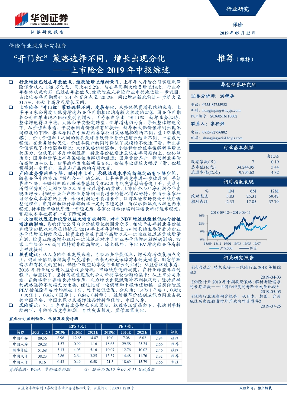 保险行业深度研究报告：上市险企2019年中报综述“开门红”策略选择不同增长出现分化-20190912-华创证券-25页.pdf_第1页