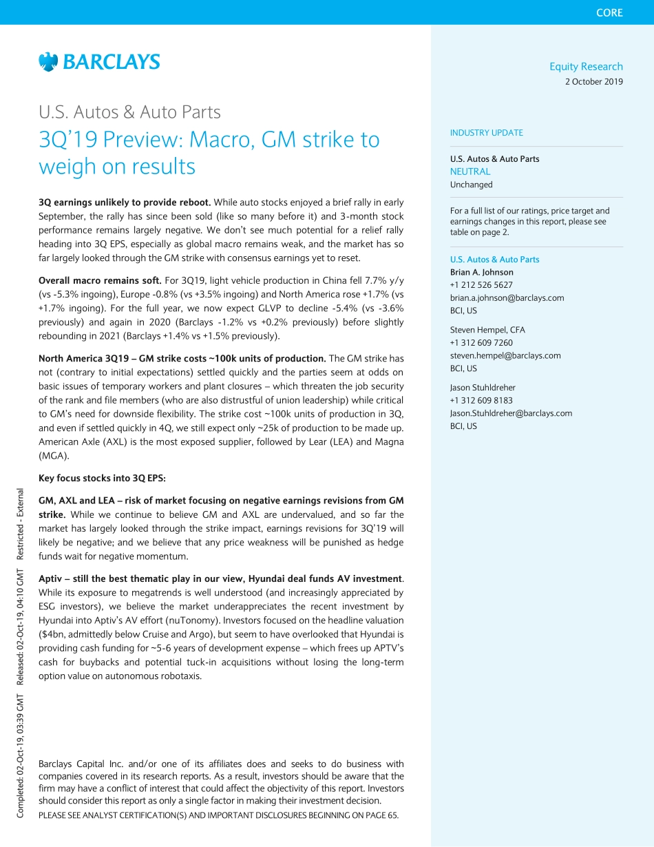 巴克莱-美股-汽车与汽车零部件行业-2019年Q3美国汽车与汽车零部件行业预览-2019.10.2-71页.pdf_第1页