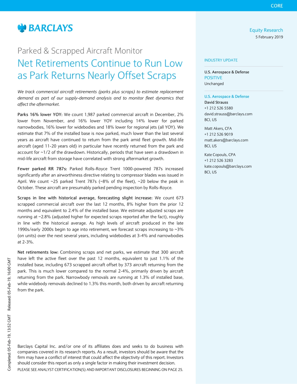 巴克莱-美股-航空航天与国防行业-报废飞机监测：净退役率持续降低-2019.2.5-29页.pdf_第1页