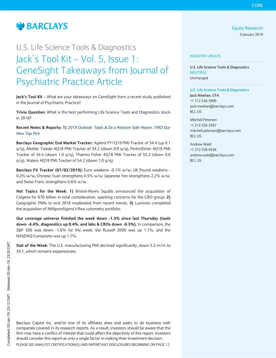 巴克莱-美股-医疗保健行业-美国生命科学与诊断Jack工具包——第5卷第1期：《精神病实践杂志》文章中的“基因观察法”-2019.1.3-23页.pdf_第1页