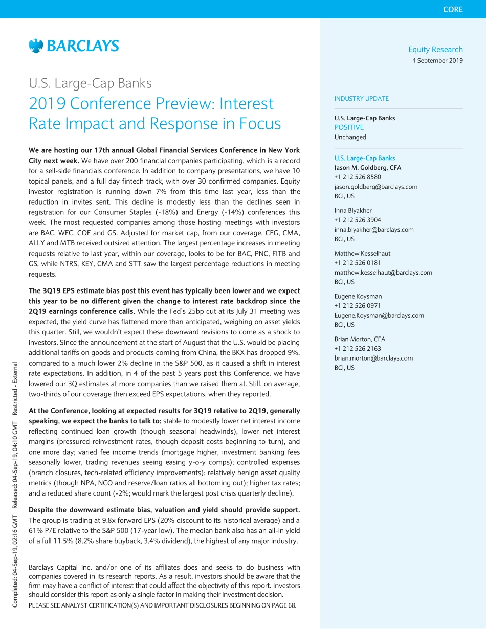巴克莱-美股-银行业-美国大型银行业2019年会议预览：利率影响聚焦-2019.9.4-74页.pdf_第1页