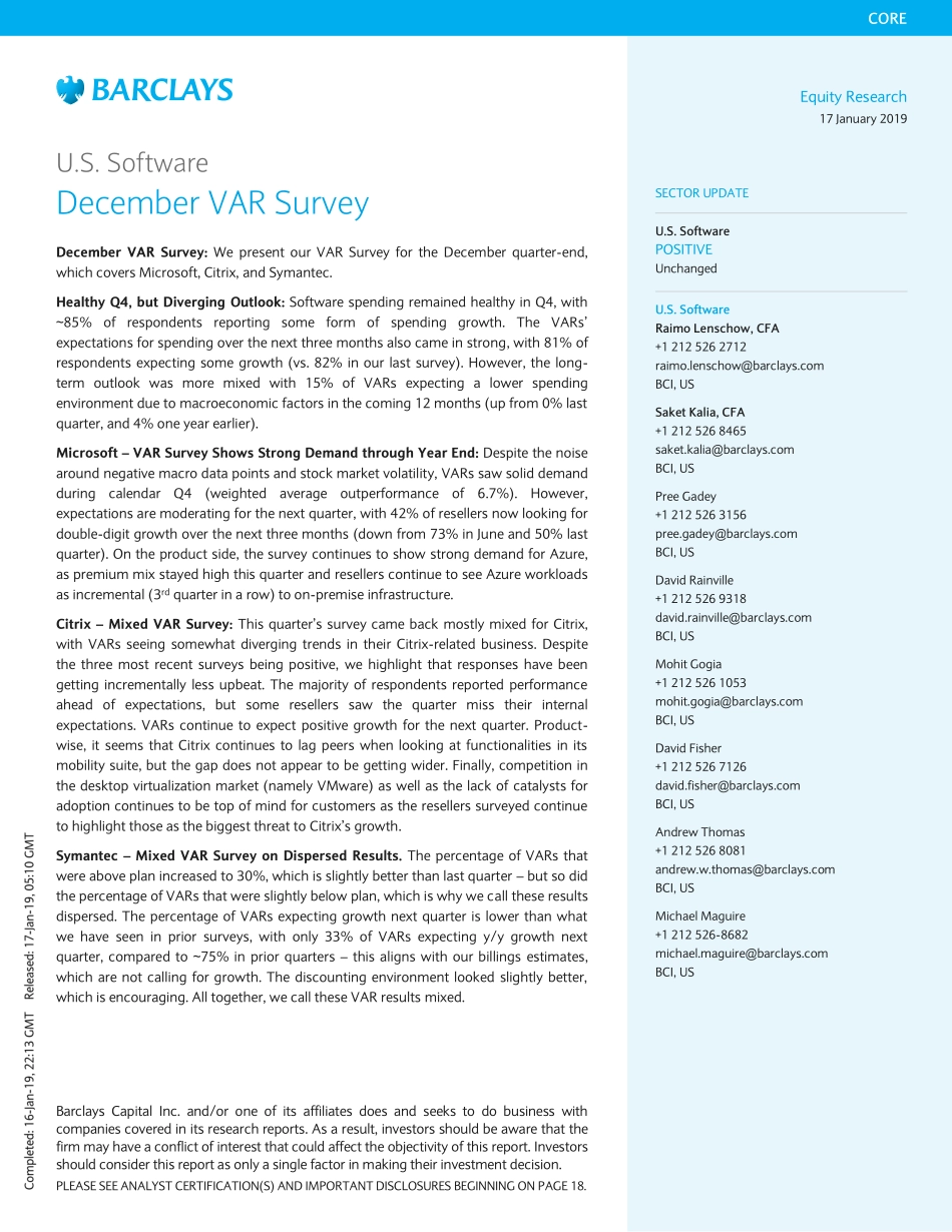 巴克莱-美股-软件行业-美国软件业12月VAR调查-2019.1.17-27页.pdf_第1页