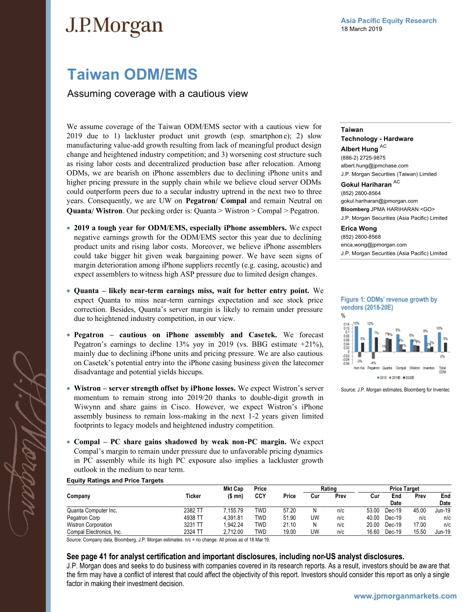 J.P. 摩根-亚太地区-科技行业-台湾ODM与EMS：谨慎看待-2019.3.18-46页.pdf_第1页