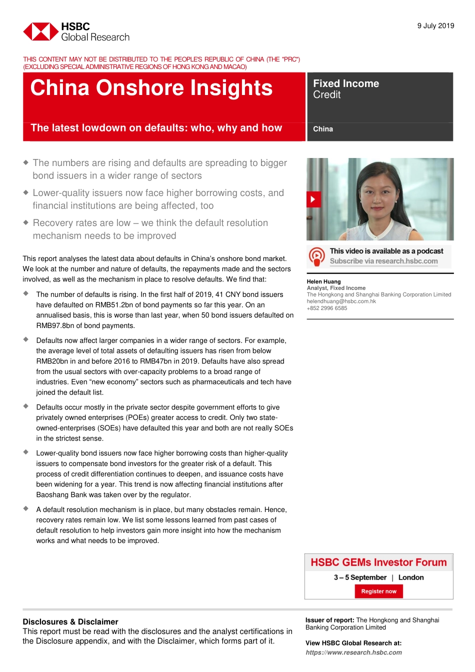 汇丰银行-中国-信贷策略-中国在岸洞察：最新的违约状况——谁、为什么及如何违约-2019.7.9-24页.pdf_第1页