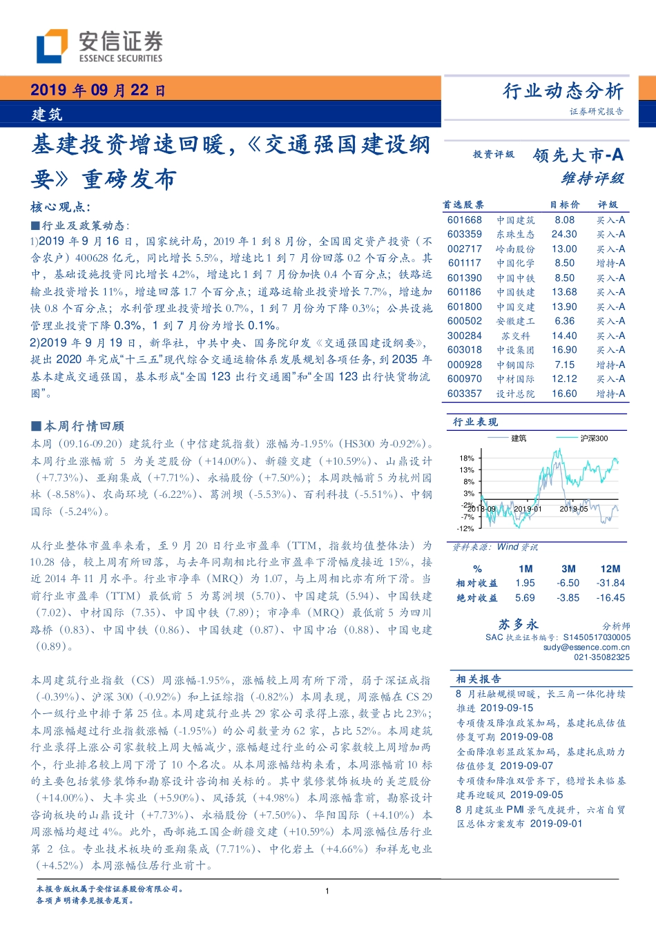 建筑行业：基建投资增速回暖《交通强国建设纲要》重磅发布-20190922-安信证券-11页.pdf_第1页