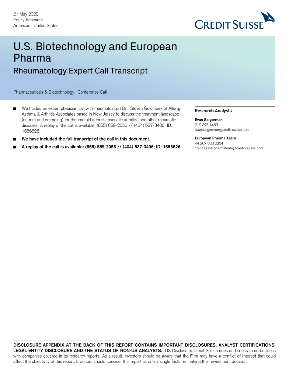 瑞信-美股-生物科技行业-美国生物技术和欧洲制药公司专家会议纪要-2020.5.21-30页.pdf_第1页