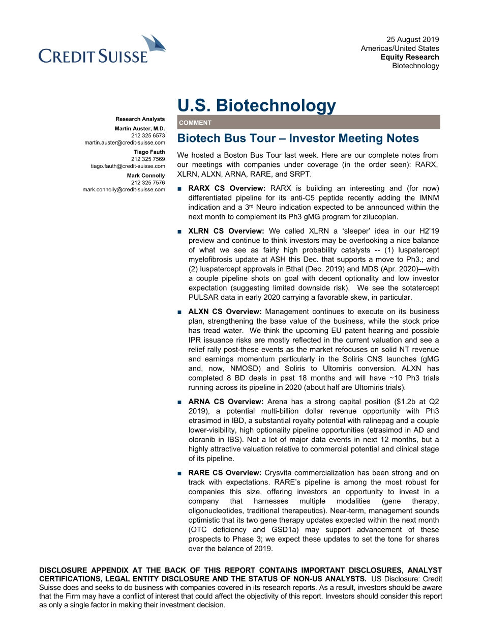 瑞信-美股-生物科技行业-美国生物科技：生物科学之旅——投资者会议纪要-2019.8.25-36页.pdf_第1页
