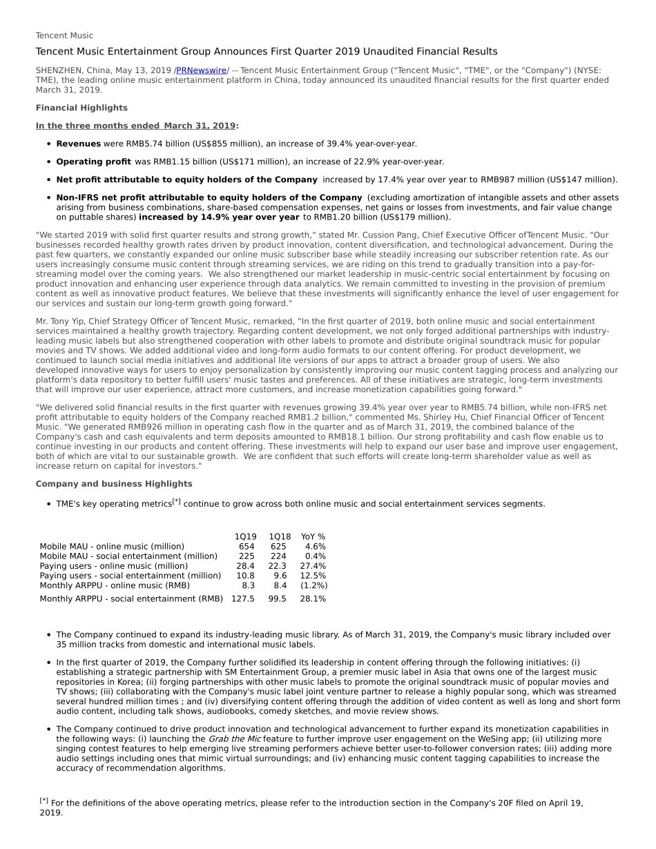 腾讯-2019年Q1腾讯音乐财报（英文）-2019.5-6页.pdf_第1页
