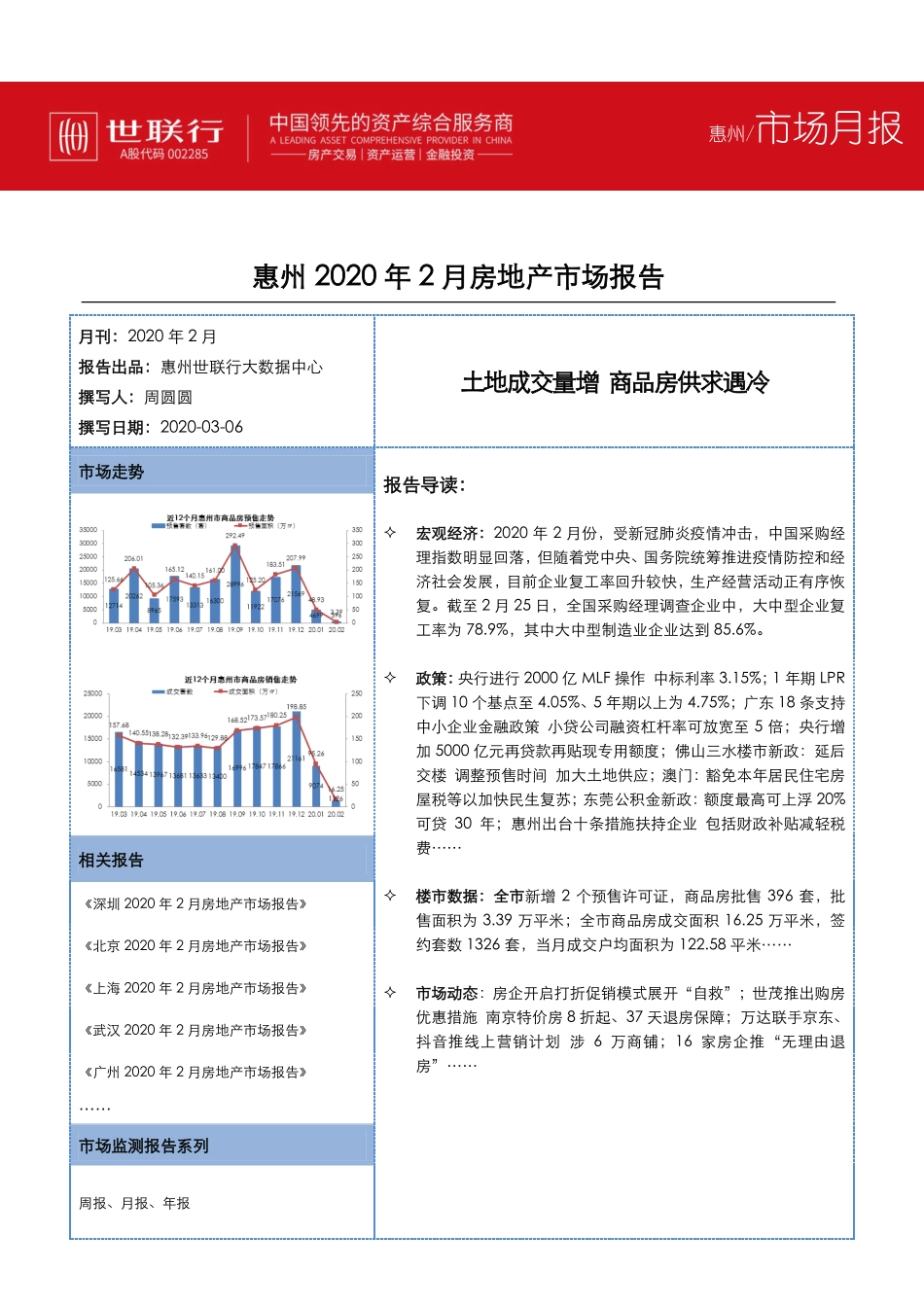 世联行-惠州2020年2月房地产市场报告：土地成交量增 商品房供求遇冷-2020.2-20页.pdf_第1页