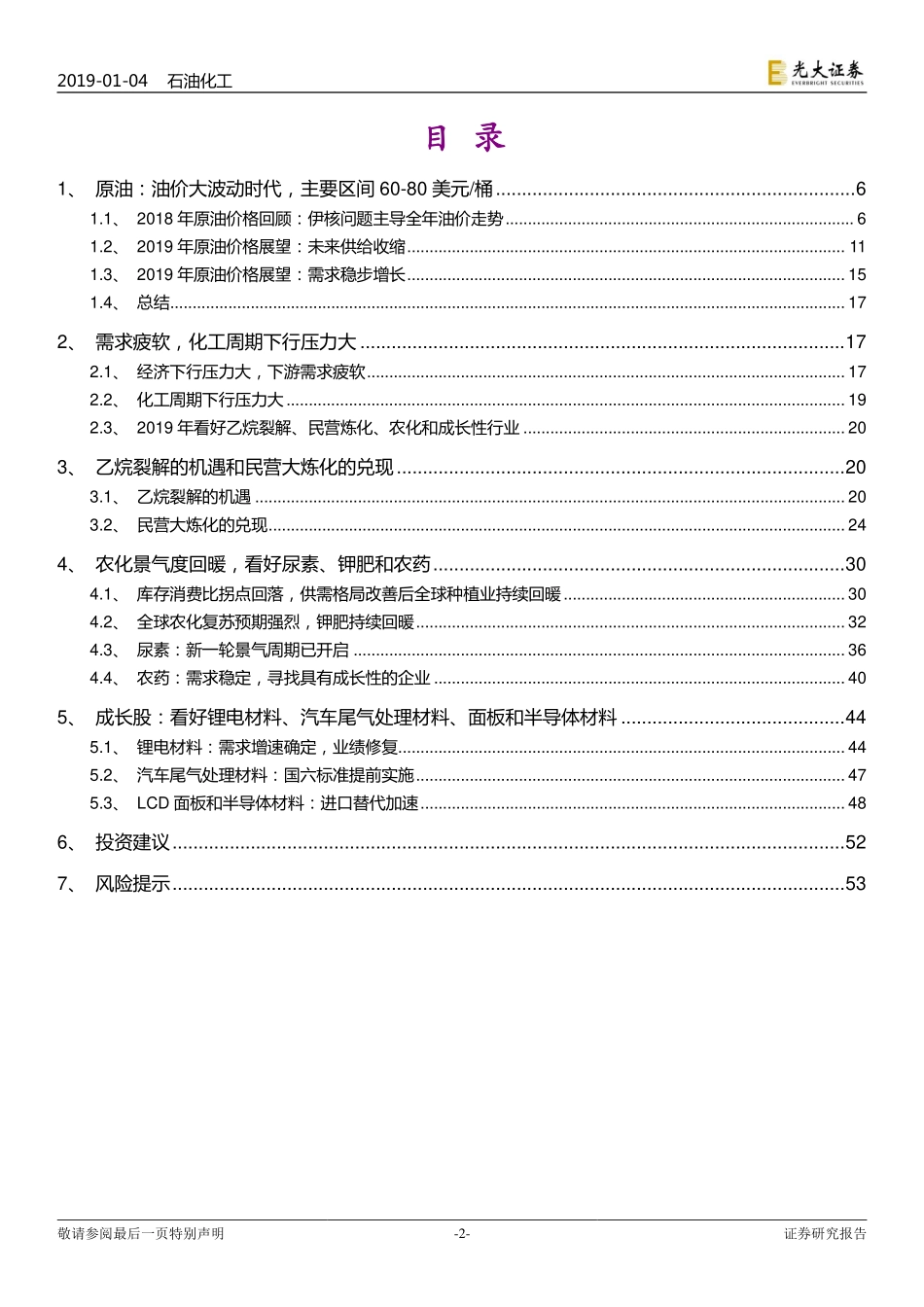 石油化工行业2019年投资策略：油价大波动看好民营炼化、农化和成长-20190104-光大证券-57页.pdf_第2页