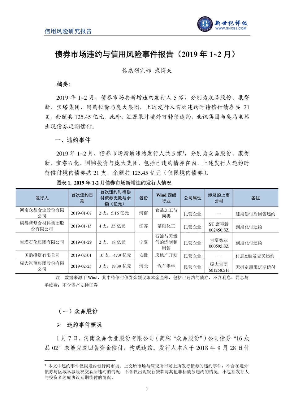 新世纪评级-债券市场违约与信用风险事件报告（2019年1~2月）-2019.4-10页.pdf_第1页