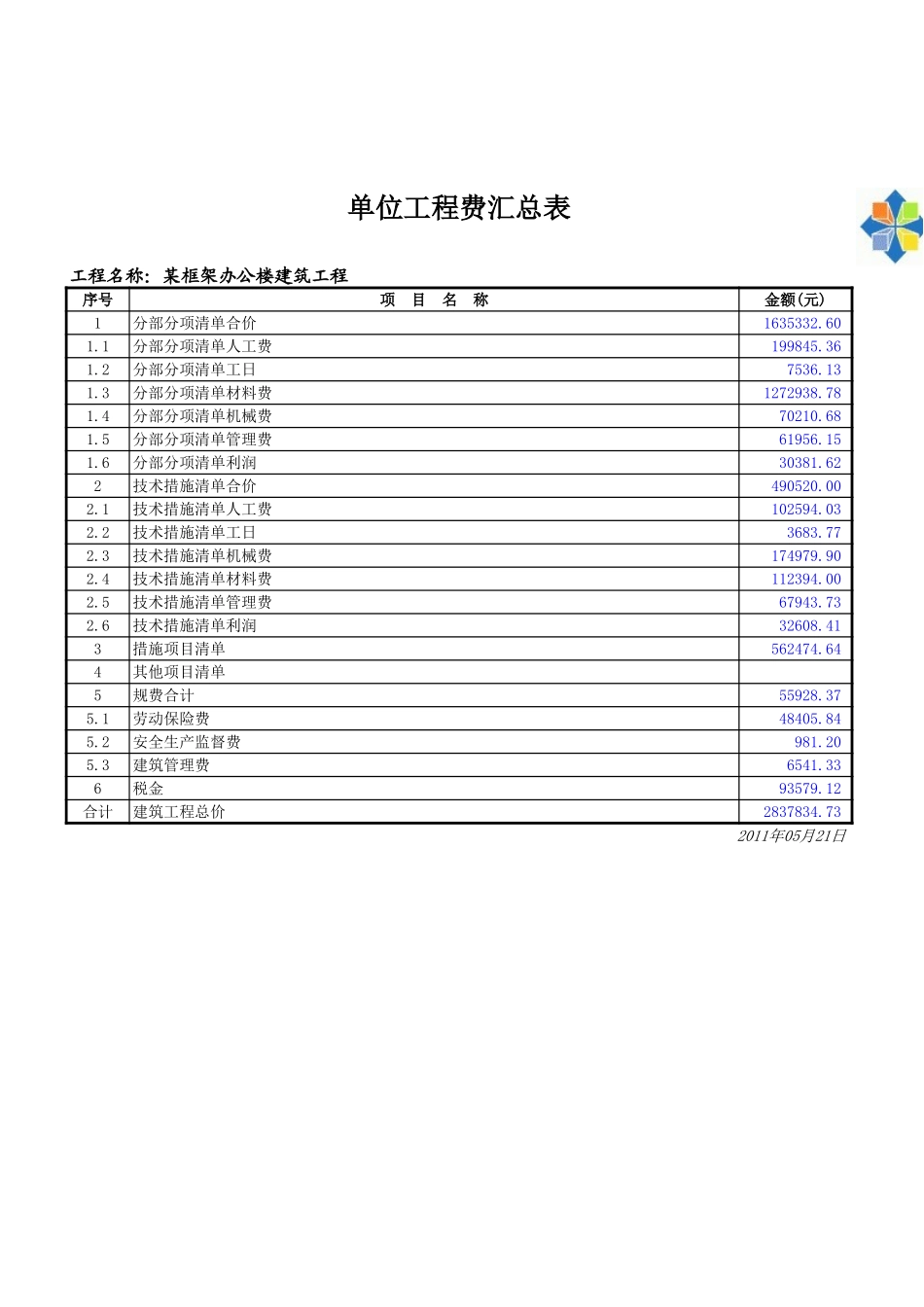 某框架办公楼-单位工程费汇总表 (2).xls_第1页