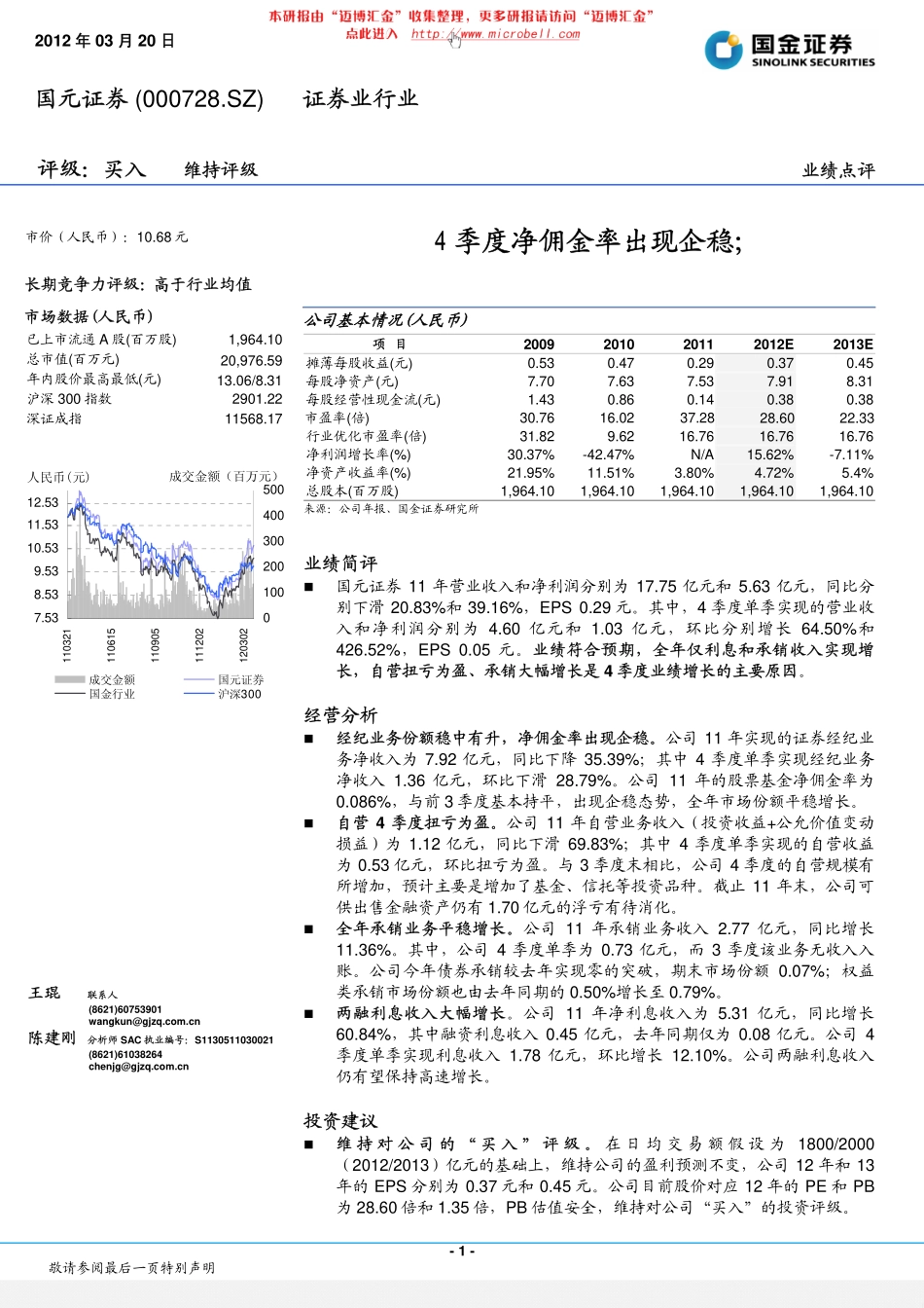国元证券（国金证券）-年报点评-4季度净佣金率出现企稳-120320.pdf_第1页