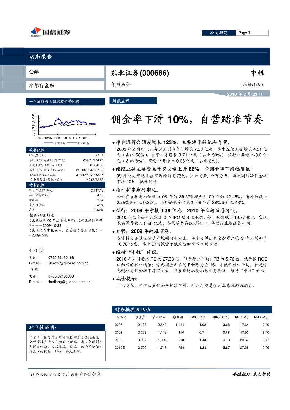 东北证券（国信证券）-年报点评-09年报点评：佣金率下滑10%自营踏准节奏-100324.pdf_第1页