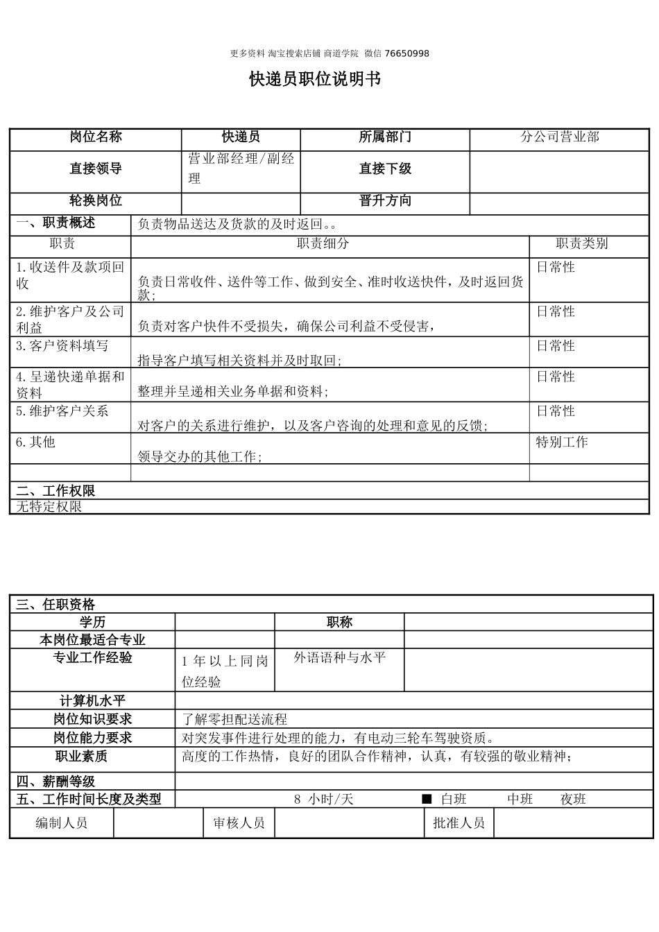 快递员职位说明书.doc_第1页