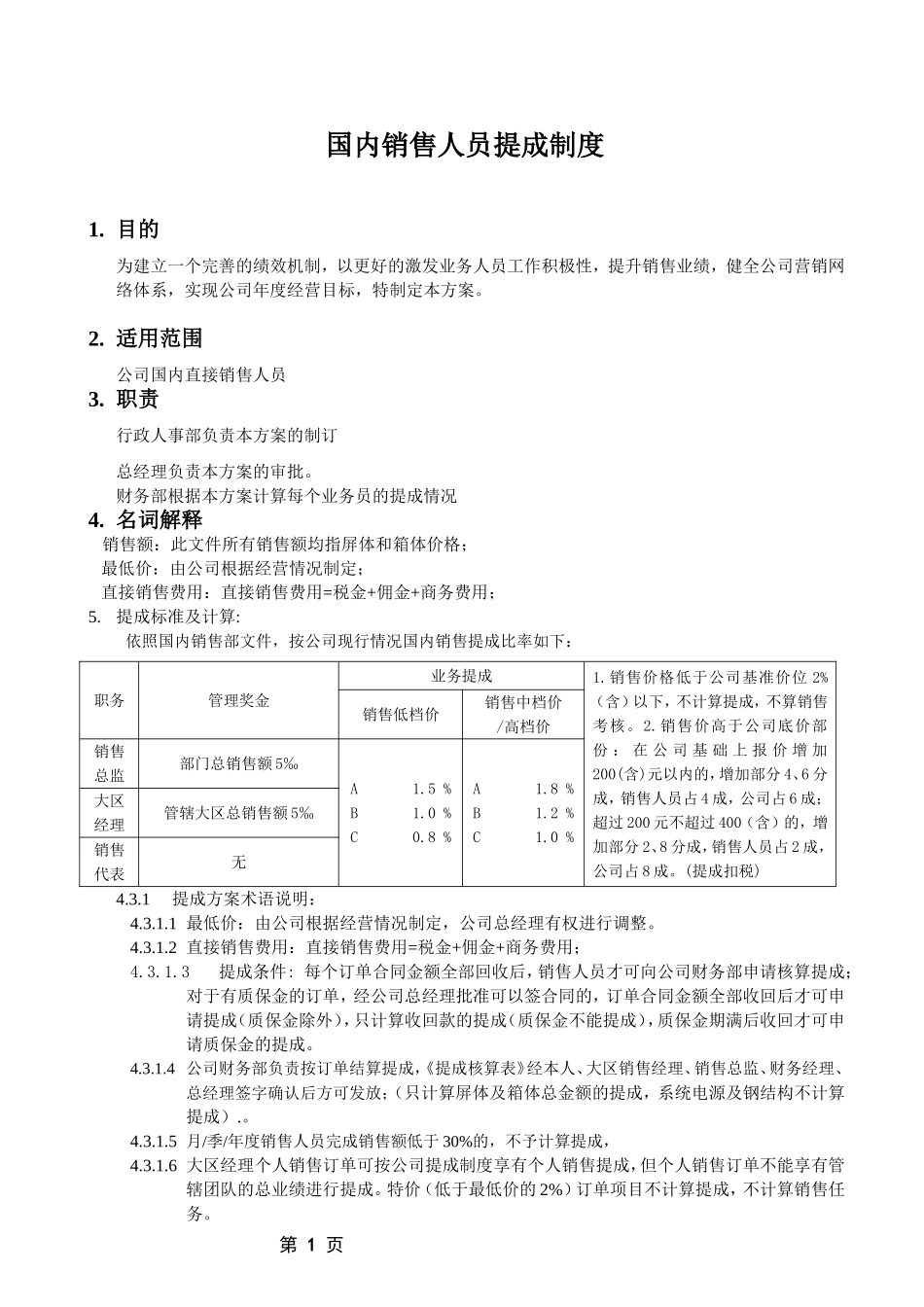 国内销售直接销售人员提成方案.doc_第1页