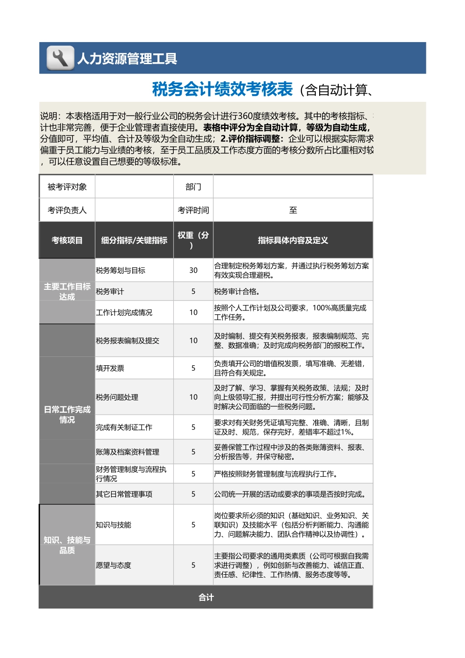 02-6-税务会计绩效考核表（自动计算、等级评价、任意设置） (2).xlsx_第1页