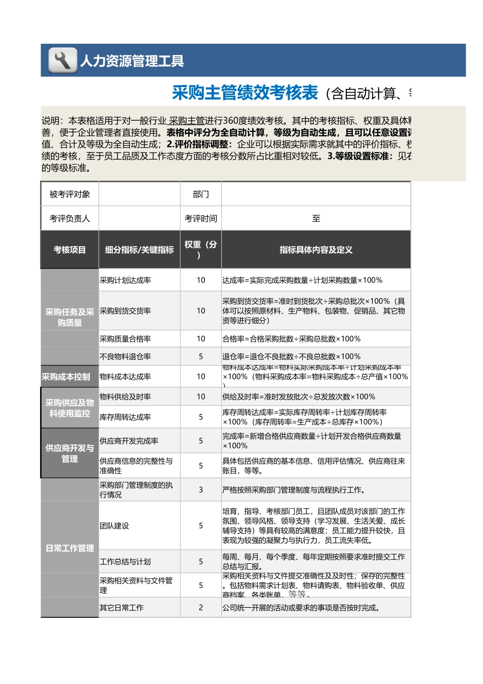 03-2-采购主管绩效考核表（含自动计算、等级评价） (2).xlsx_第1页